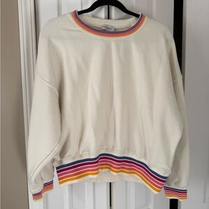 Evereve Women's Cream Crewneck Sweater with Rainbow Trim